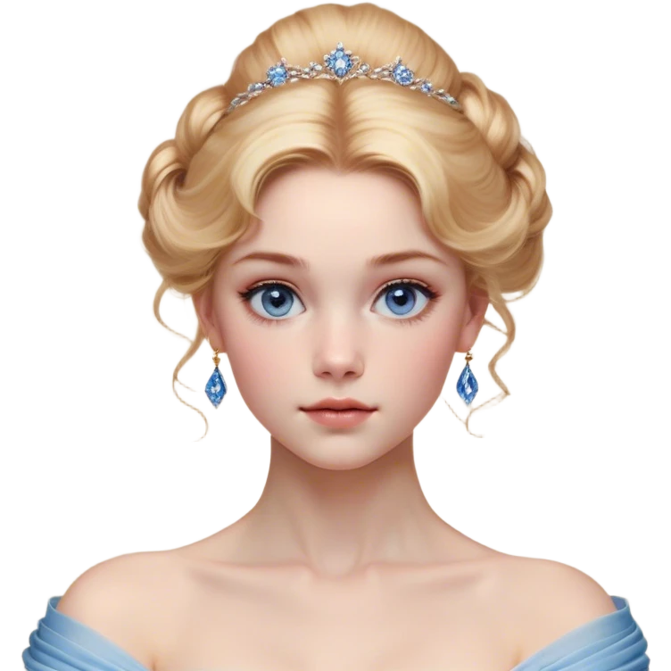 Cinematic Realistic Cinderella Portrait, depicted with lifelike skin texture, subtle rosy undertones, and soft natural lighting that enhances the gentle contours of her face. Her intricately detailed golden blonde hair is elegantly styled in an updo, with delicate wisps framing her face for added realism. Her deep, expressive blue eyes radiate warmth and sincerity, reflecting a quiet resilience and grace. She is dressed in her iconic ball gown, the fabric shimmering with intricate embroidery and fine translucent layers that catch the light beautifully. The soft sheen of satin gloves and the delicate sparkle of a glass-like slipper peeking from beneath her dress add a touch of magical realism. The portrait features an enchanting glow with a natural, luminous finish, seamlessly blending realism and fairytale charm to evoke a sense of depth, elegance, and timeless beauty. emoji