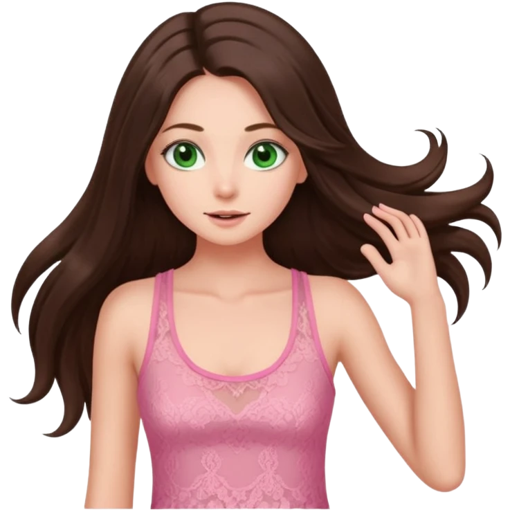 super long haired brunette with middle part cute pink lacy tank white but tan green eyes doing a hairflip emoji