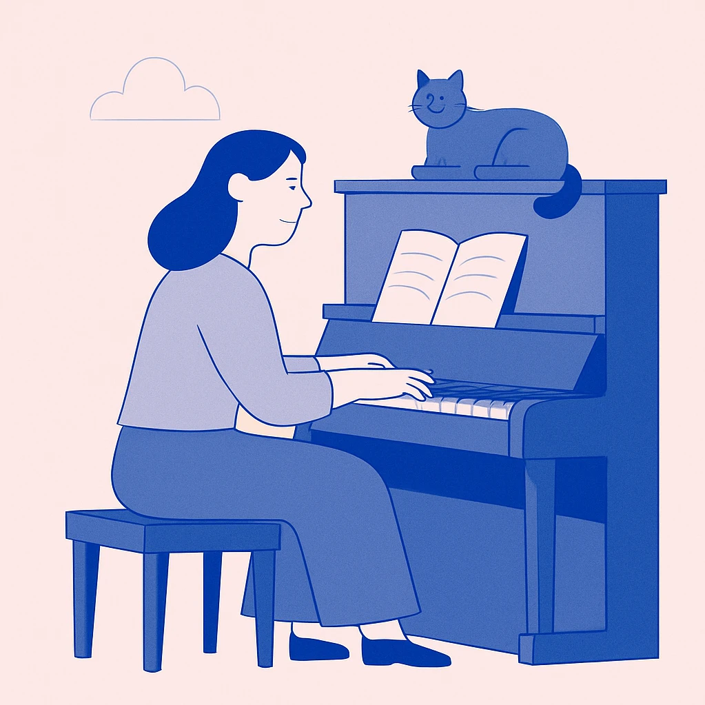 woman playing piano while her cat sits on top of the piano emoji