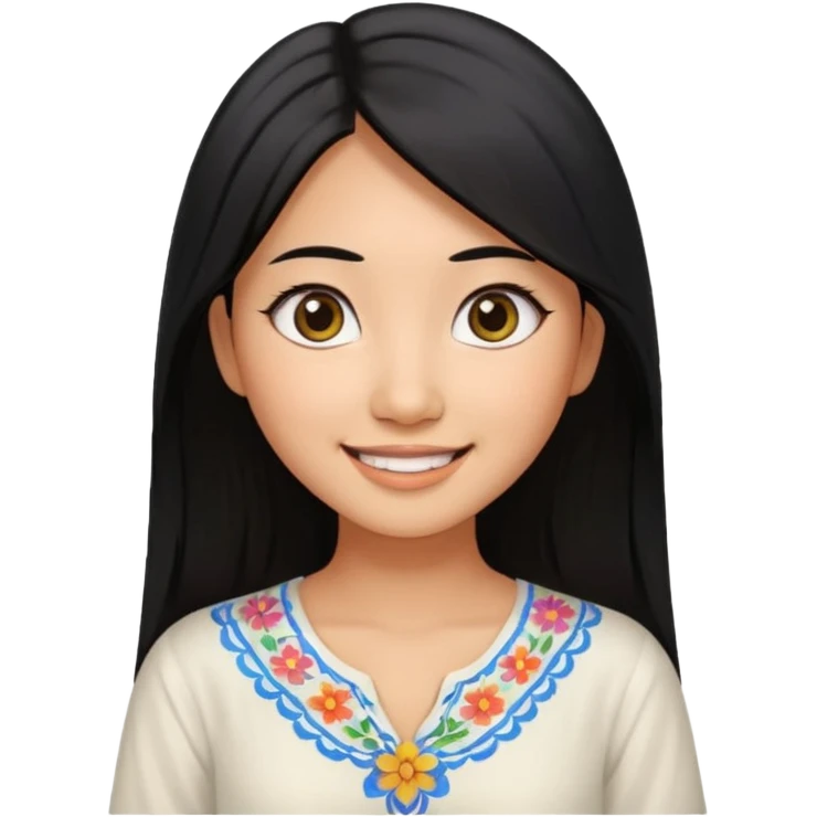 30 yr old asian woman center parted hair big eyes big smile tanned skin straight black hair hippie part hair white blouse emoji