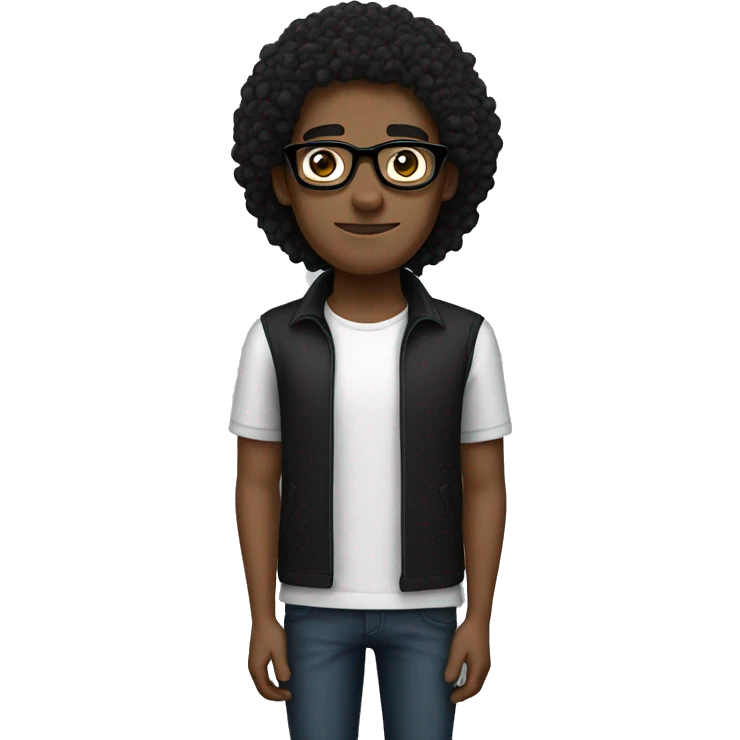 Guy with curly black hair and white glasses with black shirt emoji