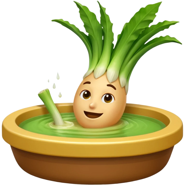 Create a 3D emoji of a relaxed leek in a jacuzzi filled with a slightly lumpy, yellowish-brown sauce emoji