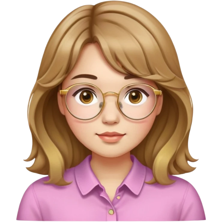 young adult woman with light skin, round face, prominent cheeks, medium plump body, long light brown hair with golden highlights, voluminous and wavy, long bangs over eyebrows, large octagonal glasses with thin golden or light pink frame, casual dark shirt emoji