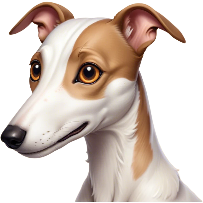 Cinematic Cute White and Brown Greyhound Portrait Emoji, Head tilted playfully and inquisitively, featuring a smooth white Fur with vibrant brown accents and round, sparkling eyes filled with curiosity, Simplified yet irresistibly adorable features, highly detailed, glowing with a warm, friendly glow, high shine, affectionate and nimble, stylized with a touch of whimsy, bright and endearing, soft glowing outline, capturing the essence of a mischievous yet loving racer, so playful it feels like it could sprint out of the screen and into your arms! emoji