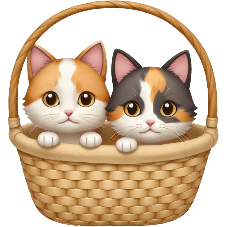 A pair of tiny cats peeking out of a soft-lined basket. emoji