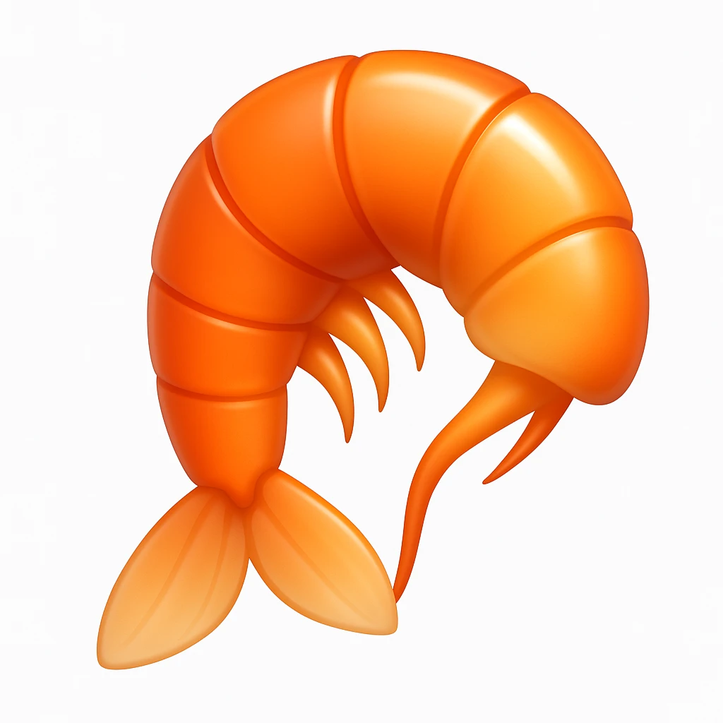 Create a shrimp emoji that looks exactly like the reference image in iOS emoji style. The emoji should have a 3D appearance with shiny, smooth gradients, soft shadows, and a realistic shrimp shape, capturing the classic emoji look. Add a subtle highlight to the shell. emoji