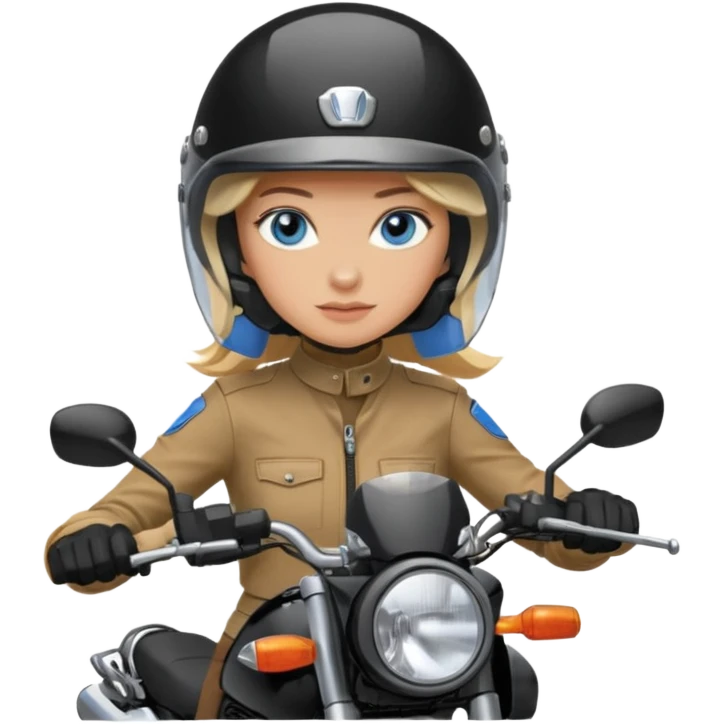 moça loira de olho azul de capacete em uma moto honda 150 preta  emoji