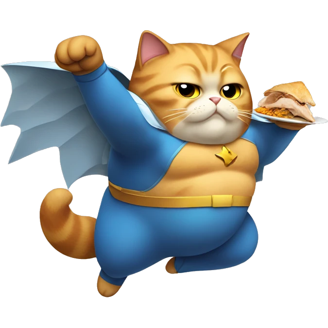 Fat superhero cat flying eating chicken emoji