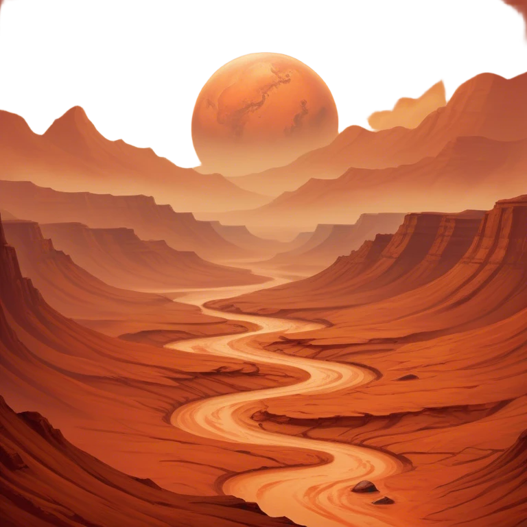 Cinematic Realistic Mars, portrayed with rugged, rust-colored landscapes, deep canyons, and swirling dust storms rendered with lifelike texture and an orange-hued glow that evokes the enigmatic allure of the Red Planet. emoji