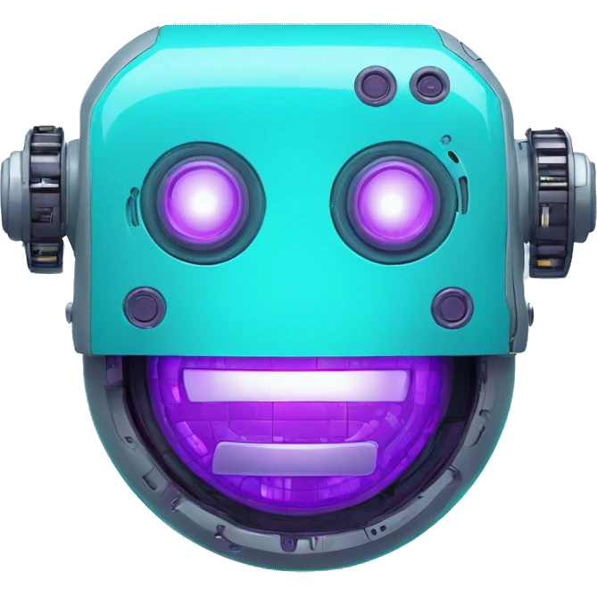 Smily face robotic scanning device, cyberpunk, cyan and purple colors, friendly, futuristic, binary code emoji