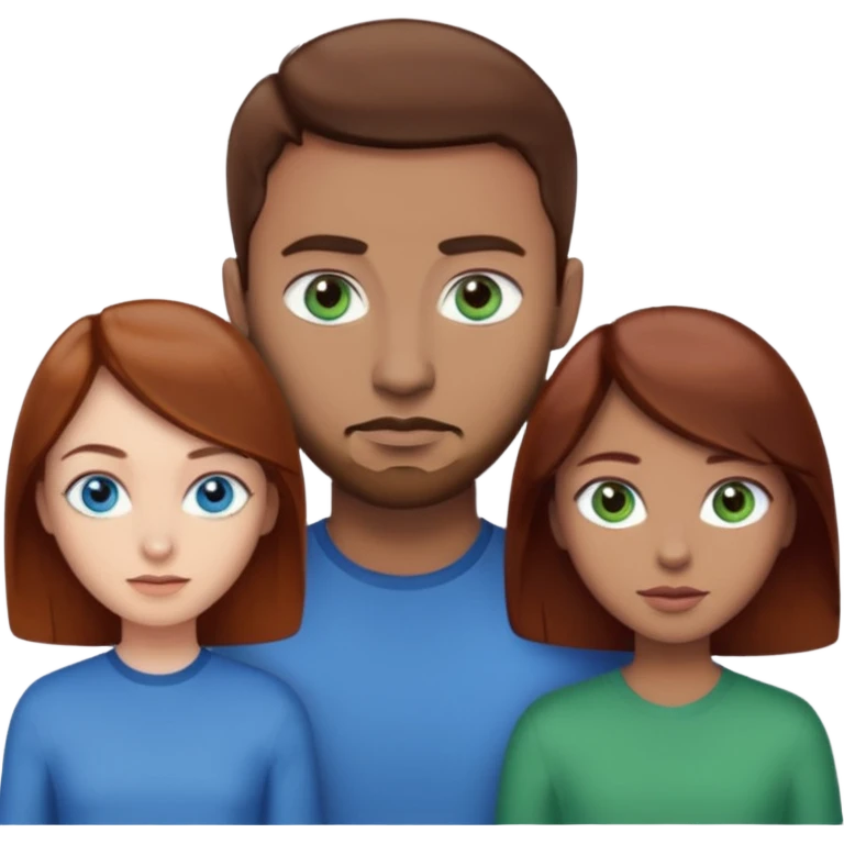 One woman with blue eyes, brown hair, light skin standing next to another woman with darker red brown hair, lighter skin, and green eyes, standing next to a man with no facial hair, blue eyes, and short brown hair emoji
