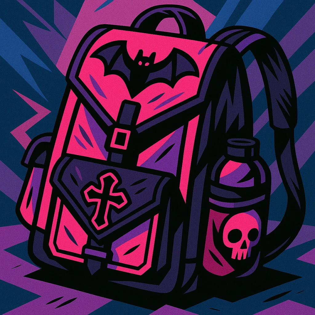 pink and black gothic backpack, bold colors, dynamic shading, energetic, gothic motifs emoji