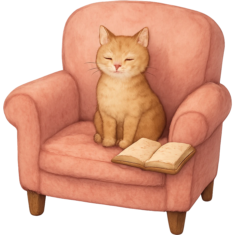 pink armchair with a cat and a book, warm and inviting emoji
