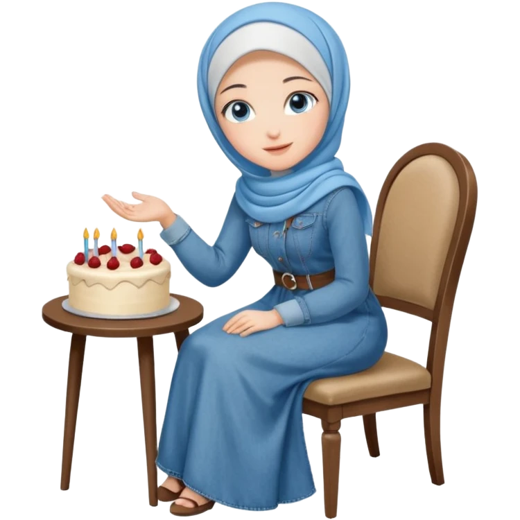 Turkish beautiful finish Konya girl blue eyes with denim hijab long tail dress and sits on the chair and holds cake with her hand  emoji