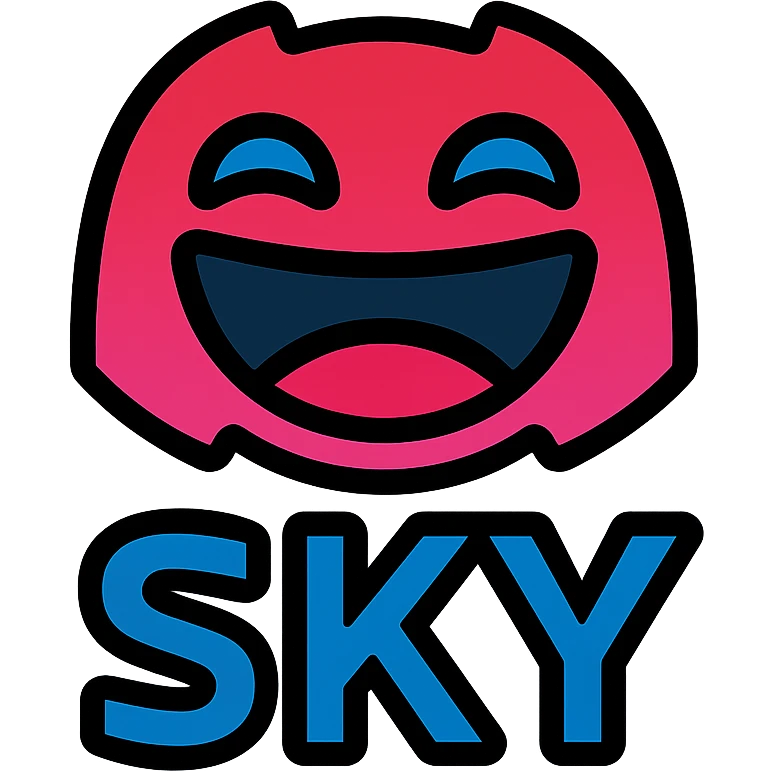 Discord game alliance logo for 'SKY' vibrant energetic look, stylized laughing face, bold outlines, mix red pink violet blue, word 'SKY' part of design, lively gaming-inspired feel emoji