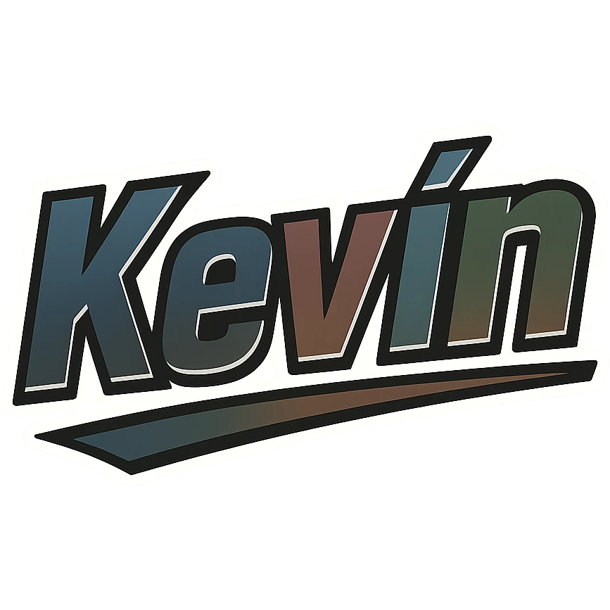 Text image of the name 'Kevin' in a masculine, modern, gradient font with accurate Hungarian characters, dark contour, prominent and clearly visible white border as in sample images, dynamic slanted underline, masculine color shades including blue, gray, burgundy, green, and brown, 1000x1000 px, PNG, transparent background. emoji