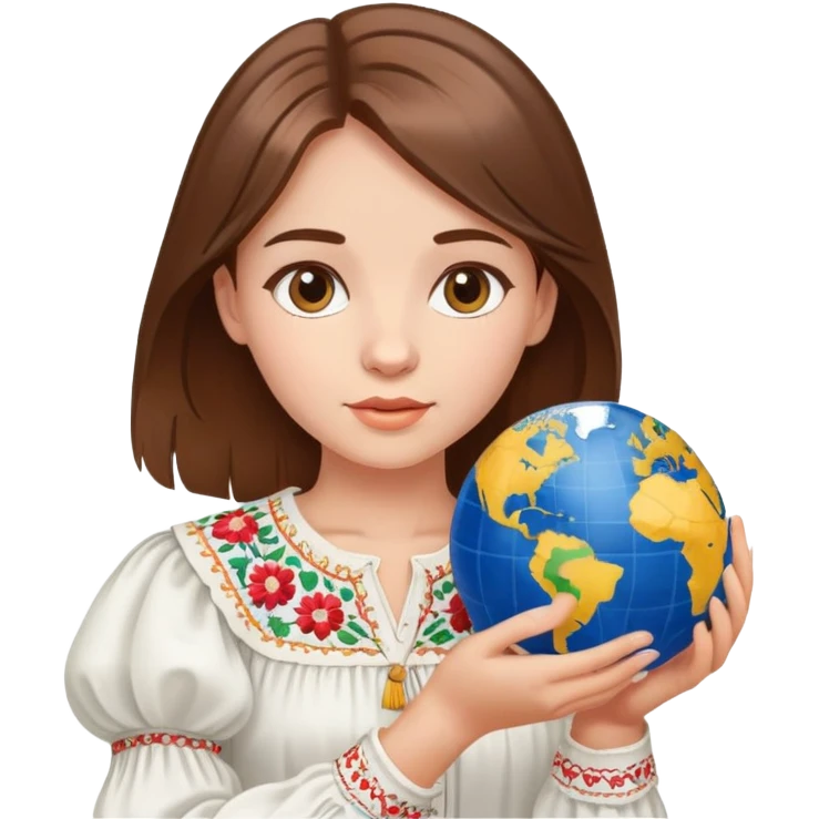 Beautiful young girl with brown hair wearing a white Ukrainian embroidered shirt holding a globe in her hand emoji