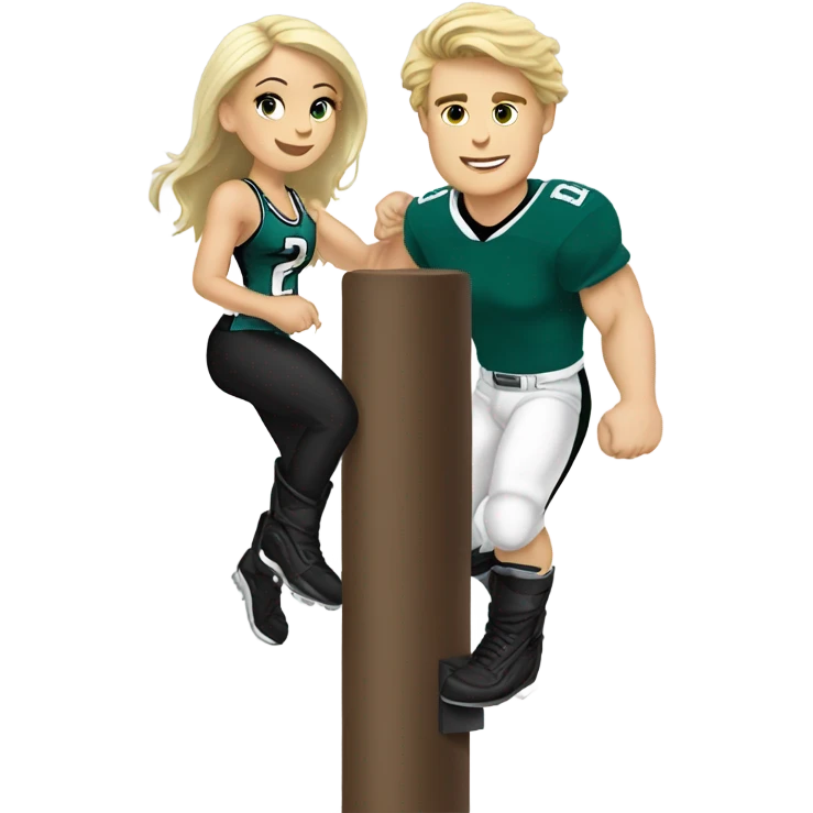 Brunette white female and blonde male with light skin who are both eagles fan climbing up a pole emoji
