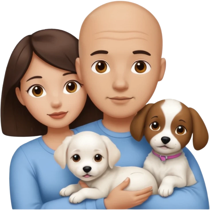 Bald guy with brunette girl and white puppy emoji