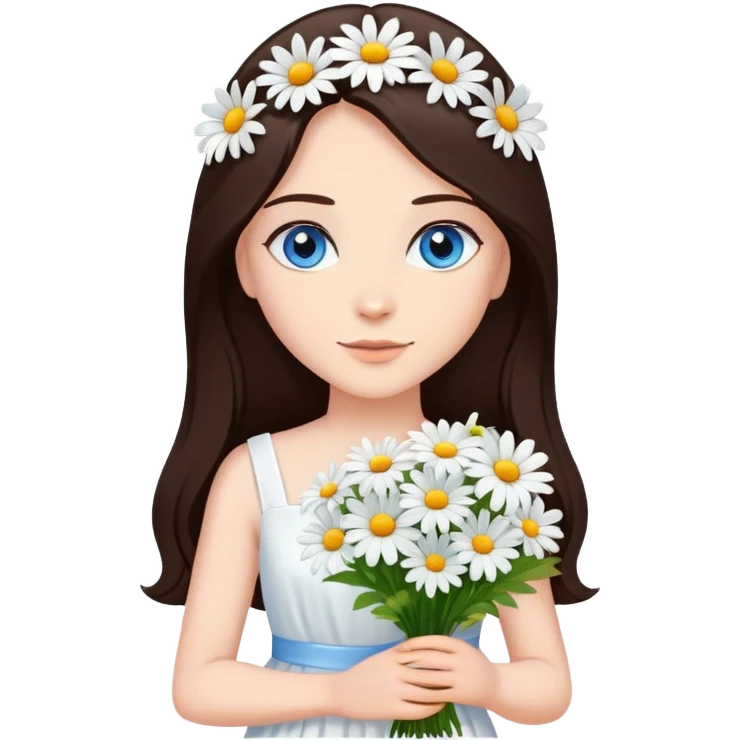 A lady stand with dark brown long hair and blue eyes, wearing a white dress, holds a bouquet of daisies.  emoji
