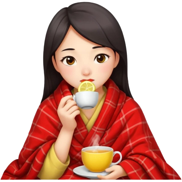 cute and sexy chinese girl, feeling sick up, nose and cheecks red by blush, covered by blanket, drinking tea with lemon emoji