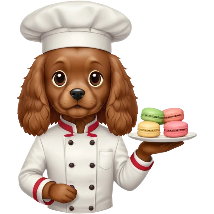brown cocker spaniel french chef with macaron emoji