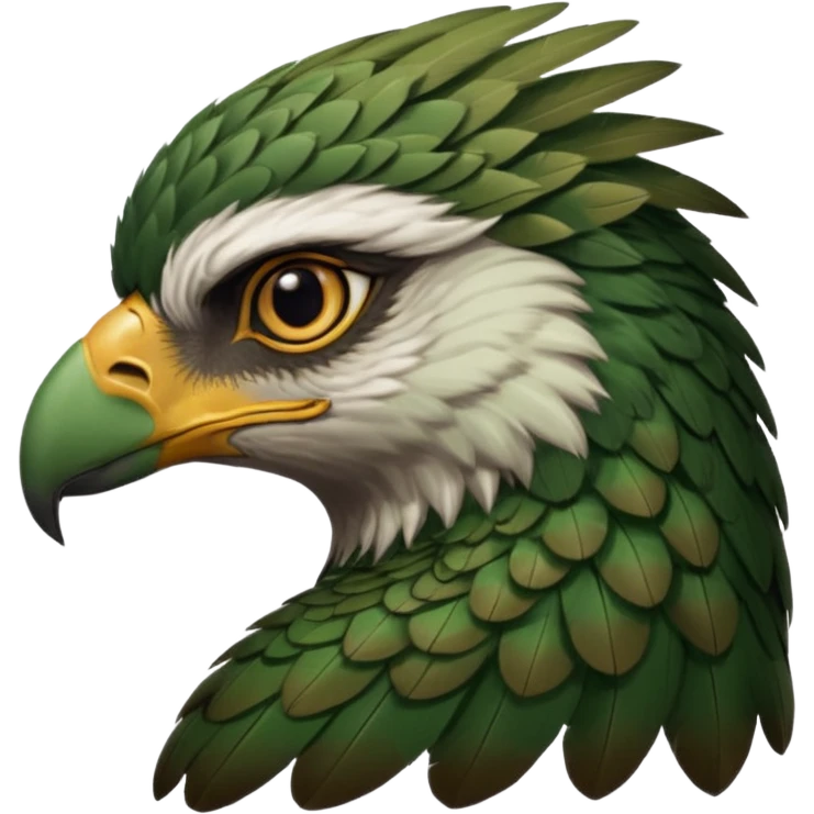 close up, zooming into the eye at the side profile of the face of a green hawk that is looking away from the camera emoji