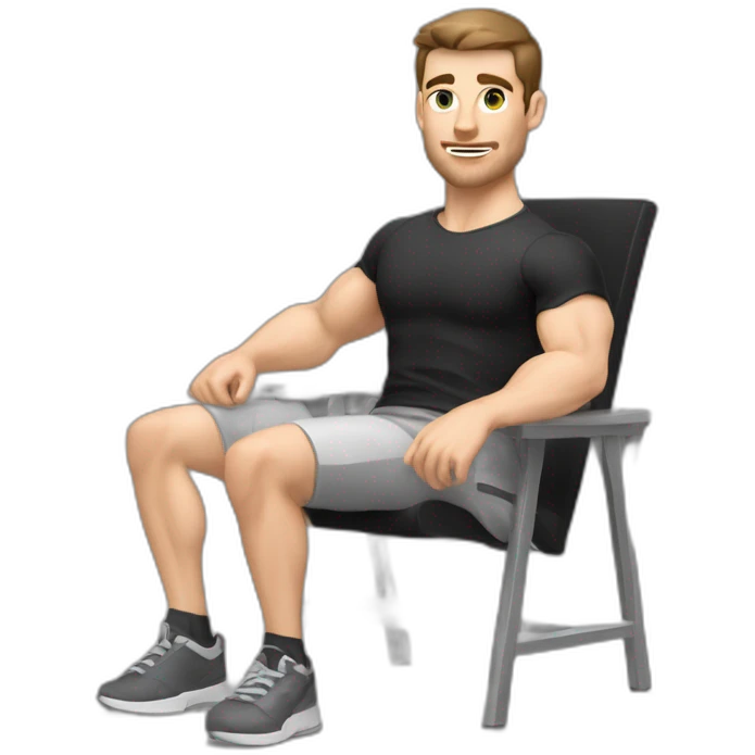Pale skinned Fit Man With the biceps and dark brown hair in black shirt, gray sports shorts and white Sneakers Sitting on a chair emoji