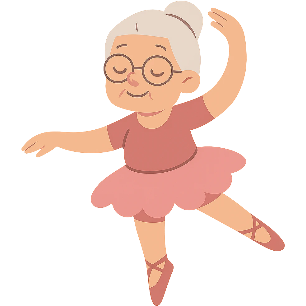 flat toon style grandma in a tutu, doing ballet emoji