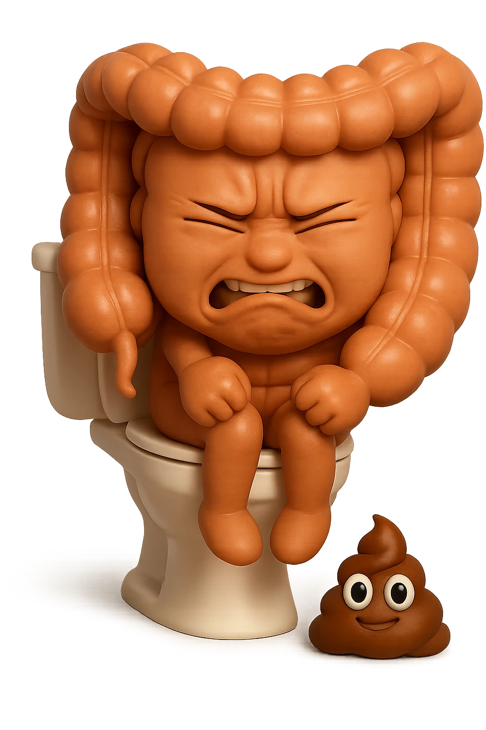 SU QUESTO STILE FAI UN EMOJI STILE IPHONE 3D DI UN INTESTINO CHE sta seduto sul wc e davanti ha una montagnetta di feci a palline stile emoji iphone, fallo senza naso e FAGLI UN ESPRESSIONE di dolore mentre si sforza E FALLO MOLTO REALISTICO IN 3D emoji