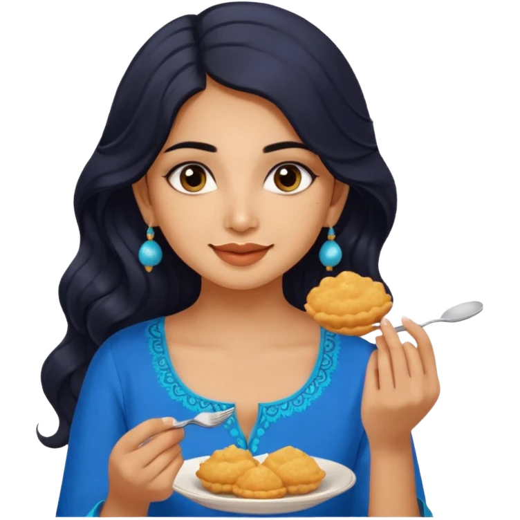 a pretty tan indian bratz girl with wavy long BLACK hair. eyeliner on, wearing a blue kurti, eating golgappa. NO SPOON emoji