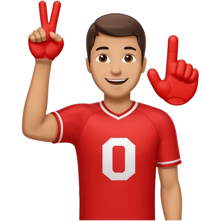 A cheerful man in a team jersey, waving a giant red foam finger high with an excited grin. emoji