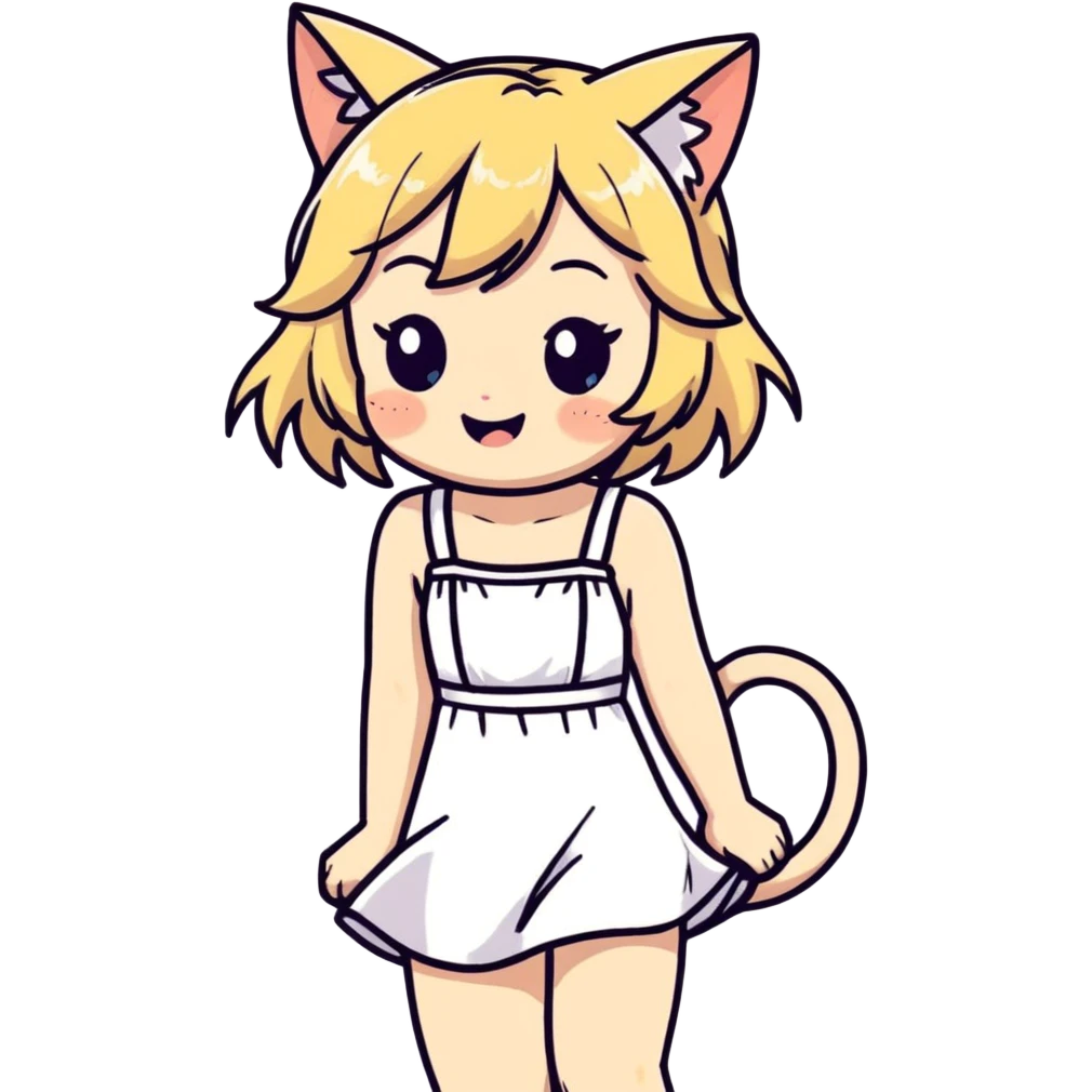 petite blonde catgirl freckles giggling white sundress anime influence emoji