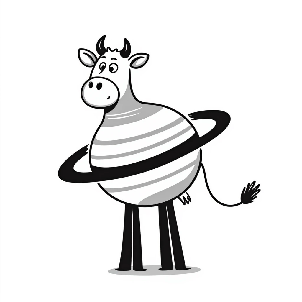 a cow with the body of the planet Saturn with visible rings and gigantic human feet, illustrative style emoji