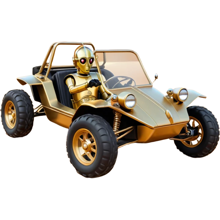 tarnished neon underglow C-3PO ghost hunter 1964 delicately ornate rosegold wood accents painted dune buggy buckboard powered by electric motors and batteries with racing safety belts while flying rapidly roughening terrain stable on strong agile advanced suspension and steering emoji
