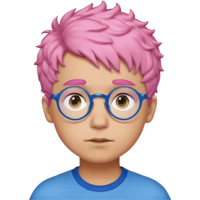 boy with short, curly pink hair, matching blue eyebrows, light brown skin, round black glasses, and a neutral facial expression. emoji