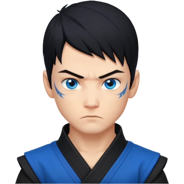 ninja boy, black modern hair, blue eyes, tattos emoji