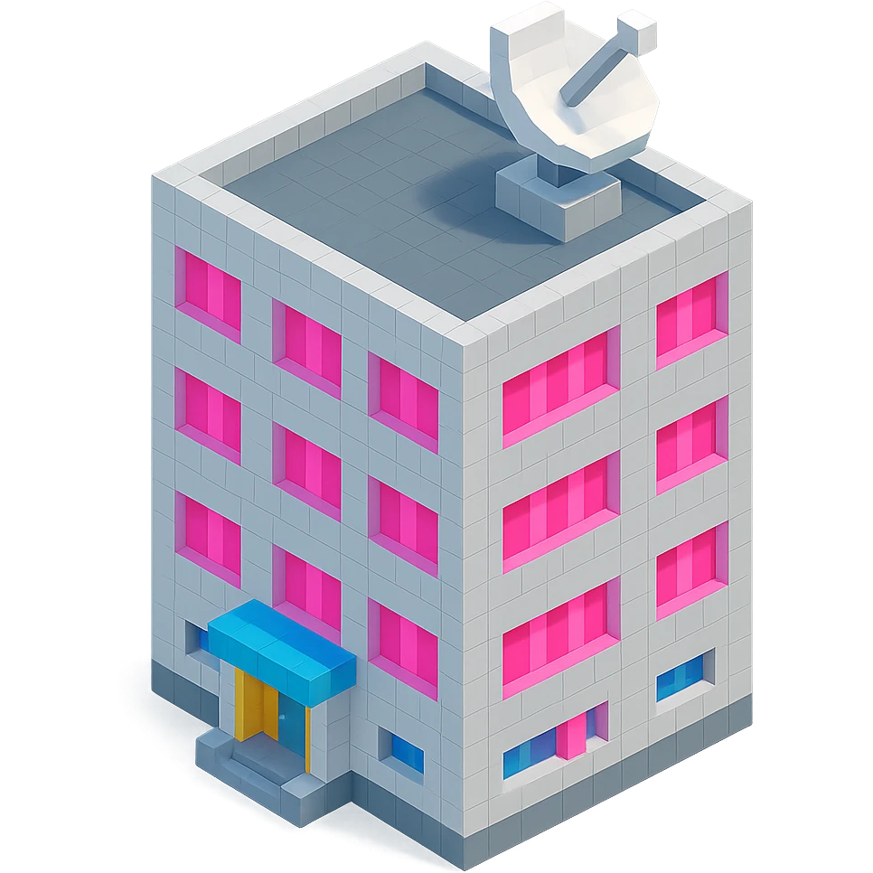 modern Russian panel apartment building, square block, light gray, bright pink windows, detailed entrance, large satellite TV dish on roof, isometric view emoji