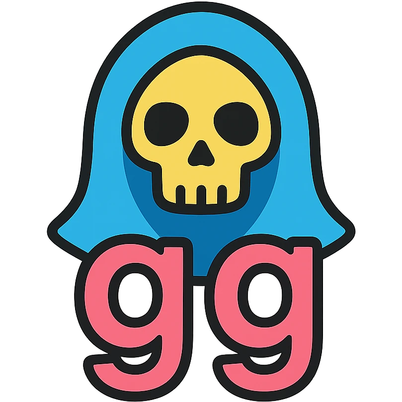 grim reaper head with 'gg' text, color outline icon style emoji