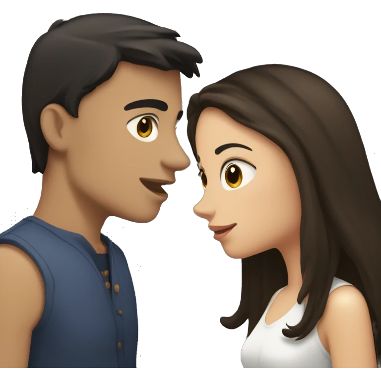 a guy with pale skin and medium black hair kisses a girl with slightly dark skin and long brown hair emoji
