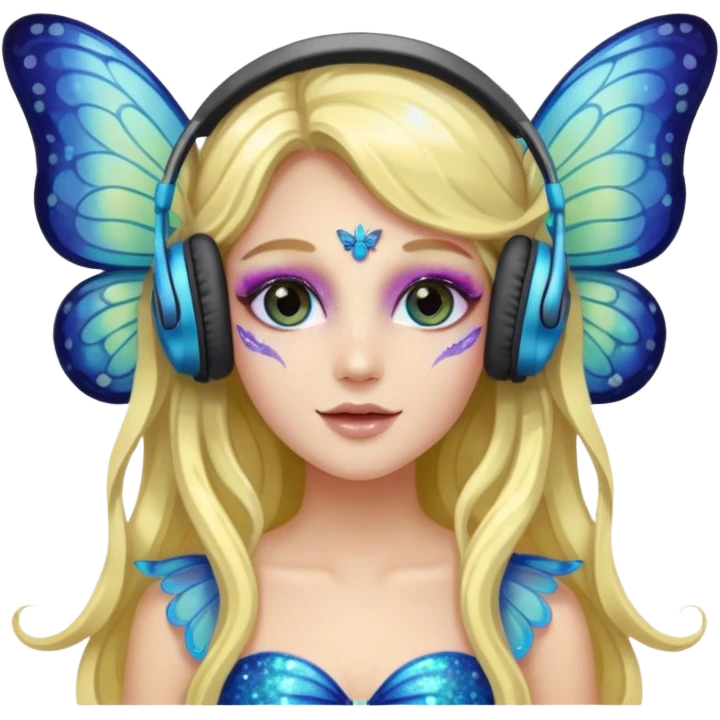long haired make glitter makeup fairy wearing headpones wing butterfly wings  emoji