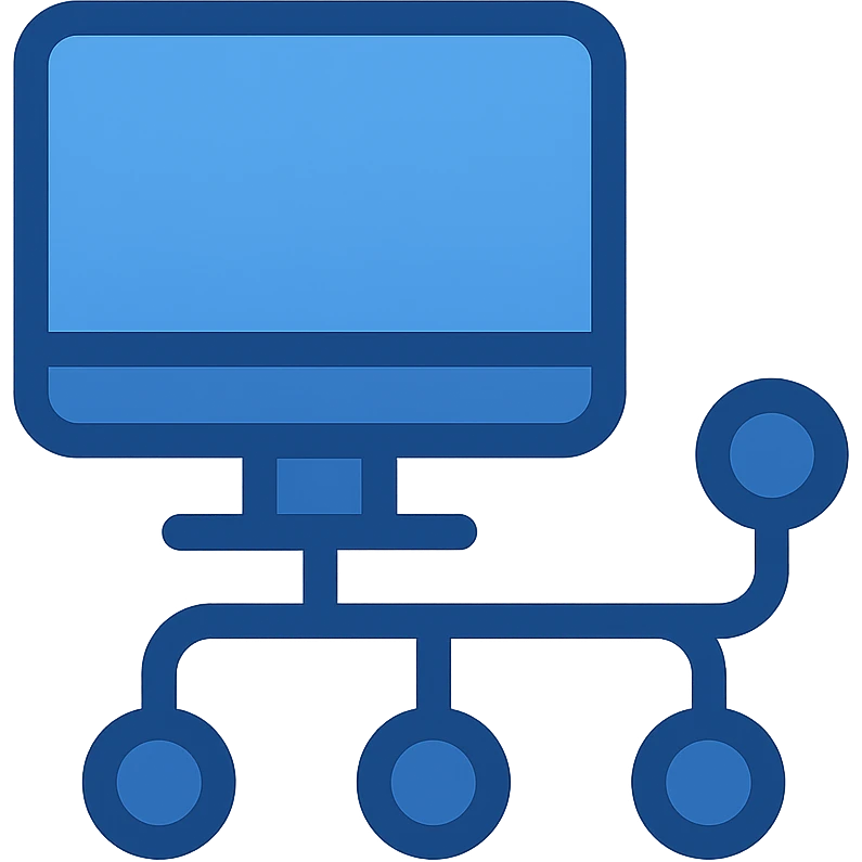 Transform the icon into a Device Manager icon in a minimalistic, flat blue style consistent with previous icons. Use almost exclusively shades of blue for the computer and connected nodes, with clean, simple lines. Prioritize clarity, recognizability, and consistency with the other icons. Use a fully transparent background with minimal use of other colors. emoji