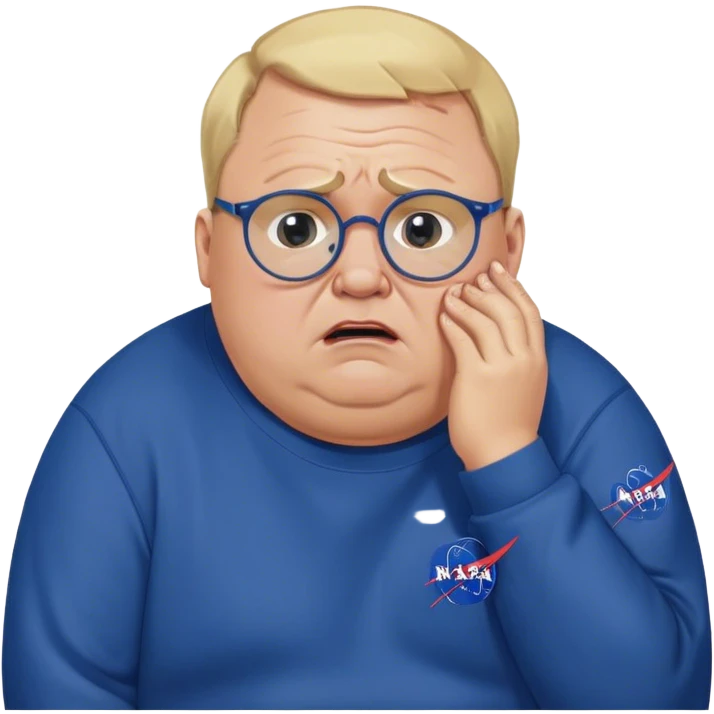 angry fat man, crying like a kid,  blond short and hight receding hairline, wearing a dark blue sweatshirt, nasa logo on the sweatshirt, round glasses without frame, 40 years old emoji