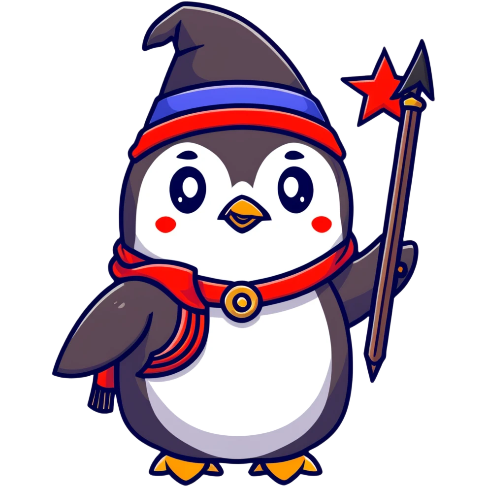 Penguin wizard with Russian beard, star-covered hat, and red magical staff emoji