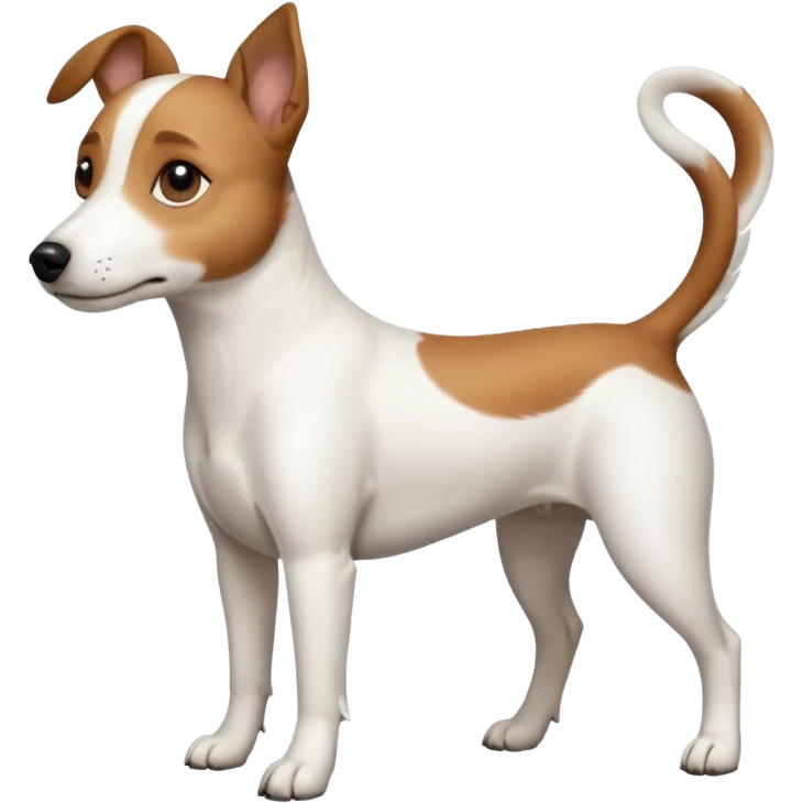 a full body white jack russel looking dog the size of a kelpie with light brown ears and a light brown patch on one eye, flopped down ears and a large snout emoji
