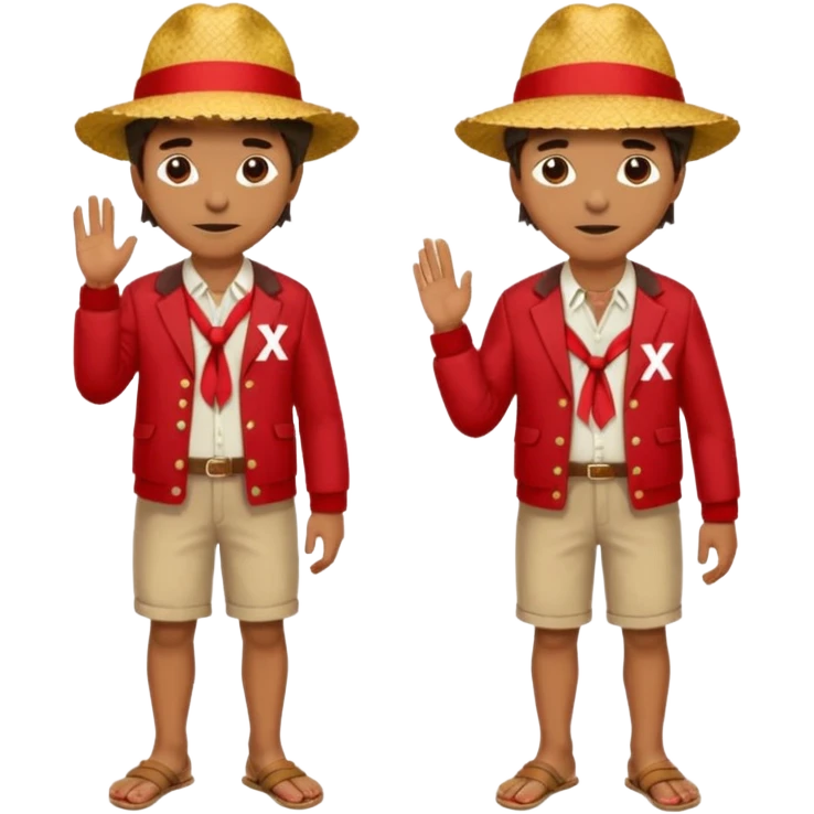 Make a guy with a straw hat and the hat has a red rebin and a red jacket and sandals and a x on he's chest emoji