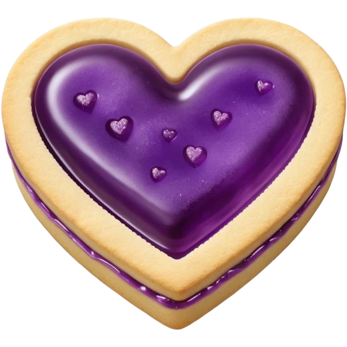 Realistic shortbread cookie in the shape of a heart with violet jelly middle filling and sprinkled powder sugar on top. emoji
