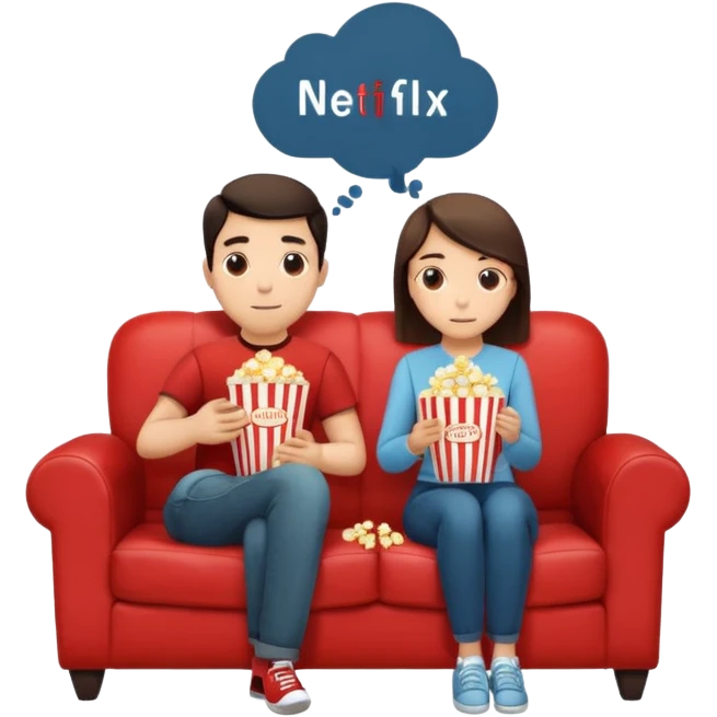 Crea un emoji dove un uomo e una donna mangiano i pop corn su un divano e guardano la tv, nella tv ci deve essere scritto netflix emoji