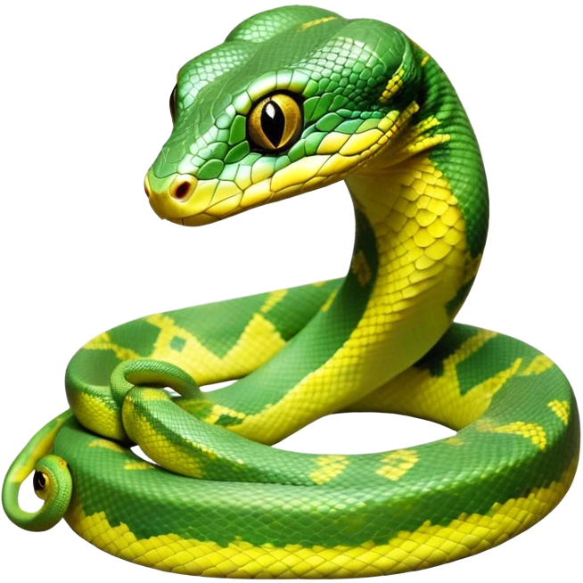 cinematic-green tree python-realistic-full-body-coiled-emoji,-thick-scaled-body-looped-tightly,-intricate-tellow and green-patterned-scales-reflecting-light,-head-tilted-dramatically,-slitted-eyes-staring-calmly,-simplified-yet-realistic-focused-feature emoji