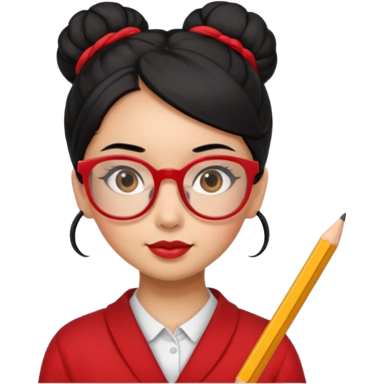 Morena girl with black hair that's in a bun style, with a pencil holding the bun in place. she has a cute rectangular red glasses emoji